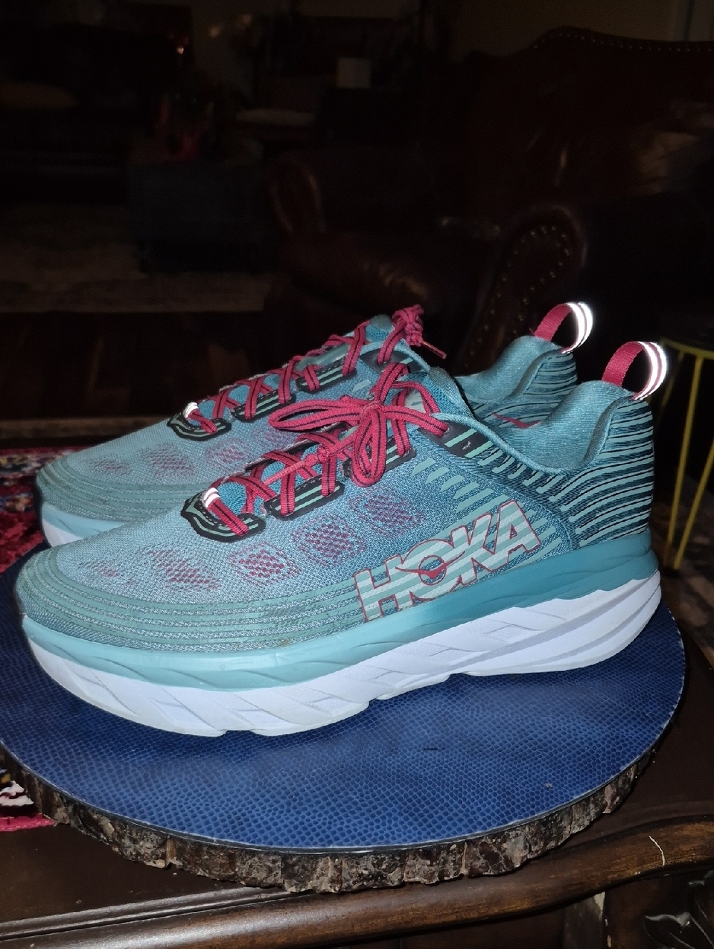 Hoka One Ones Womens Sz 12. Teal Running Shoes with Coral Laces. VGC.(#2016D) - Picture 3 of 14